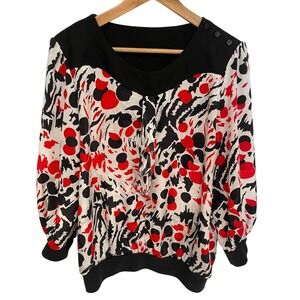 Tops n Tops Miami Vintage Blouse 14 Black Red White Polyester Button Shoulder